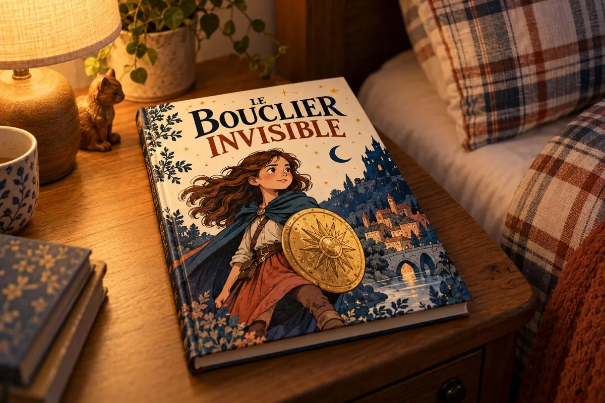 Une petite fille tenant le livre Le Bouclier Invisible